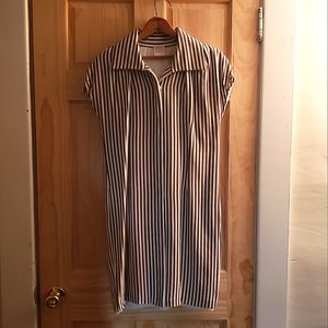 absolute Silk Lined Striped Button Down Shirt Dress Brown White 6